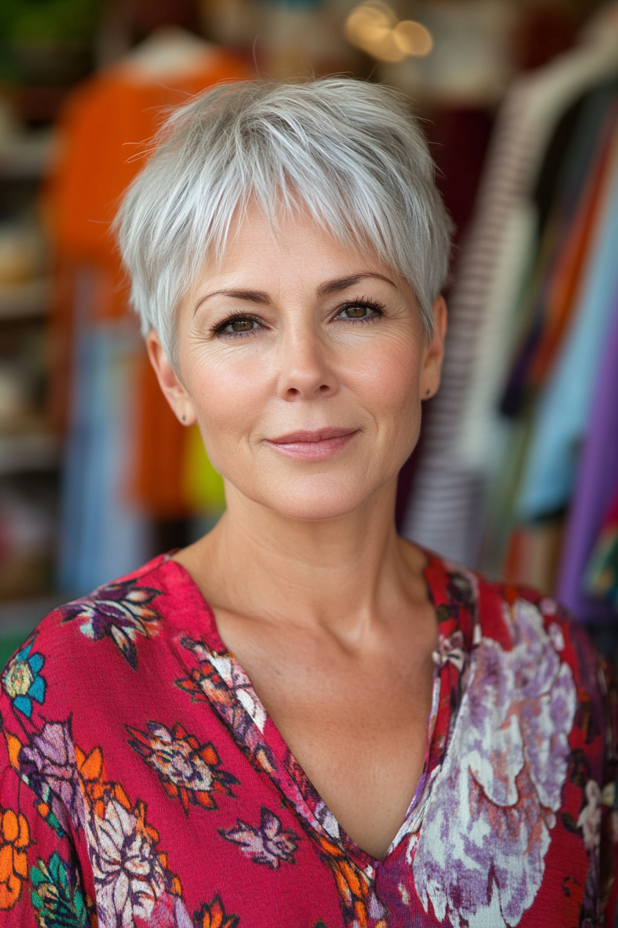 48 years old woman with a Choppy Pixie, make a photosession in a vintage clothing store.