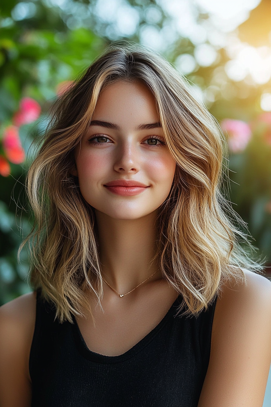 29 years old woman with Feathered Layers, make a photosession in a cozy villa garden with colorful flowers and sunlight filtering through the trees.