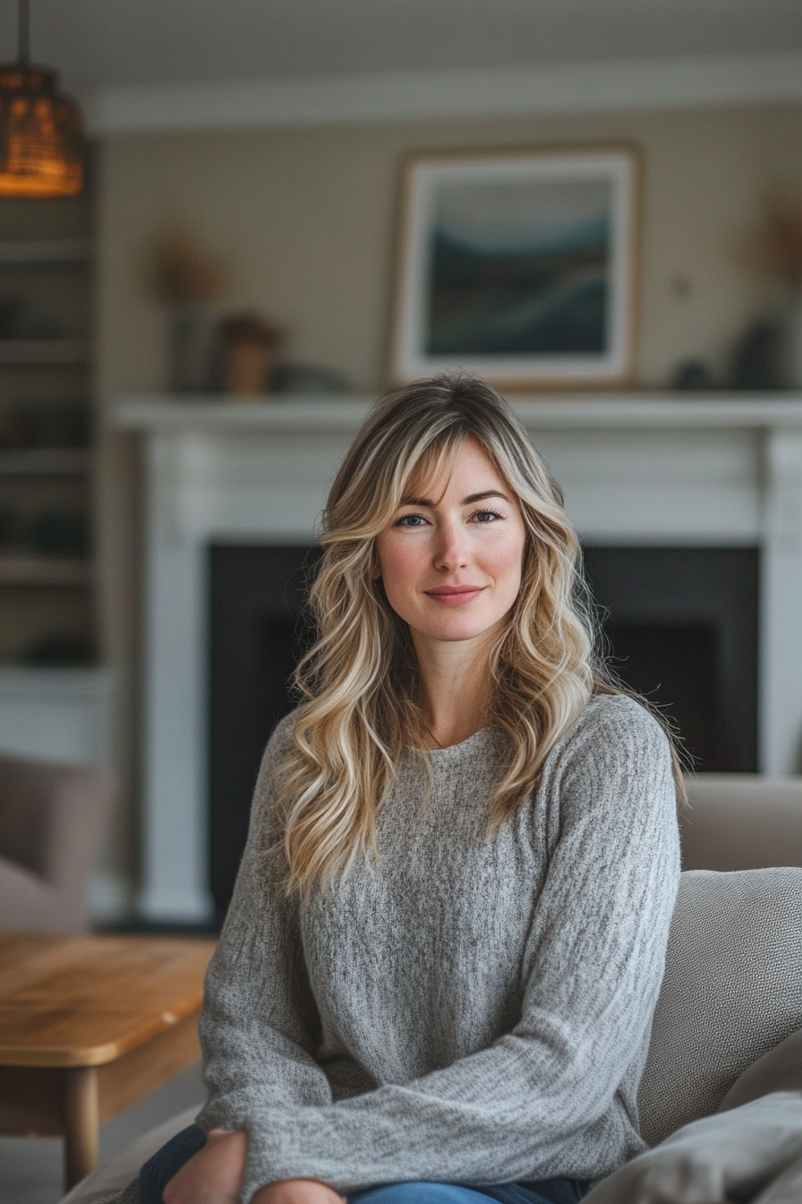 42 years old woman with a Piecey Fringe, make a photosession in a comfortable living room with a fireplace and cozy furniture, creating a warm and inviting space.