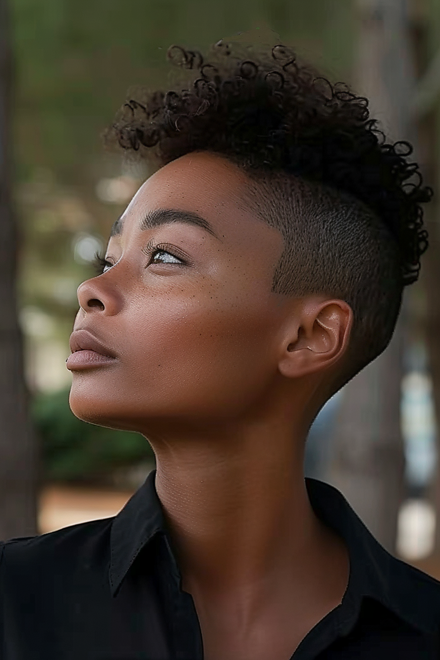  40 years old black woman, with Mohawk Tapered Haircut, make a photosession in a beautiful photo studio.