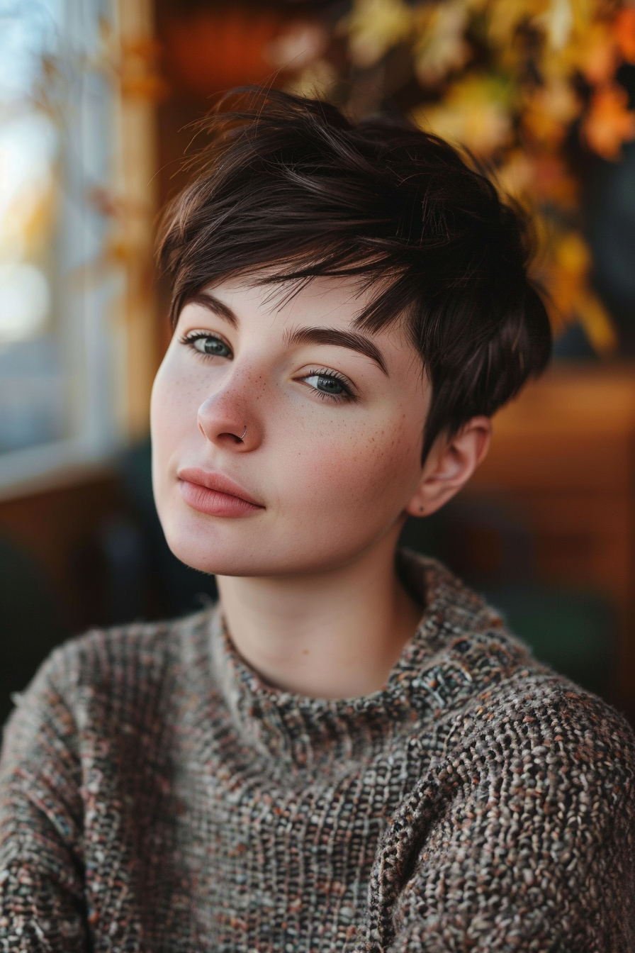 27 years old woman with a Pixie With a Twist , make a photosession in a cafe