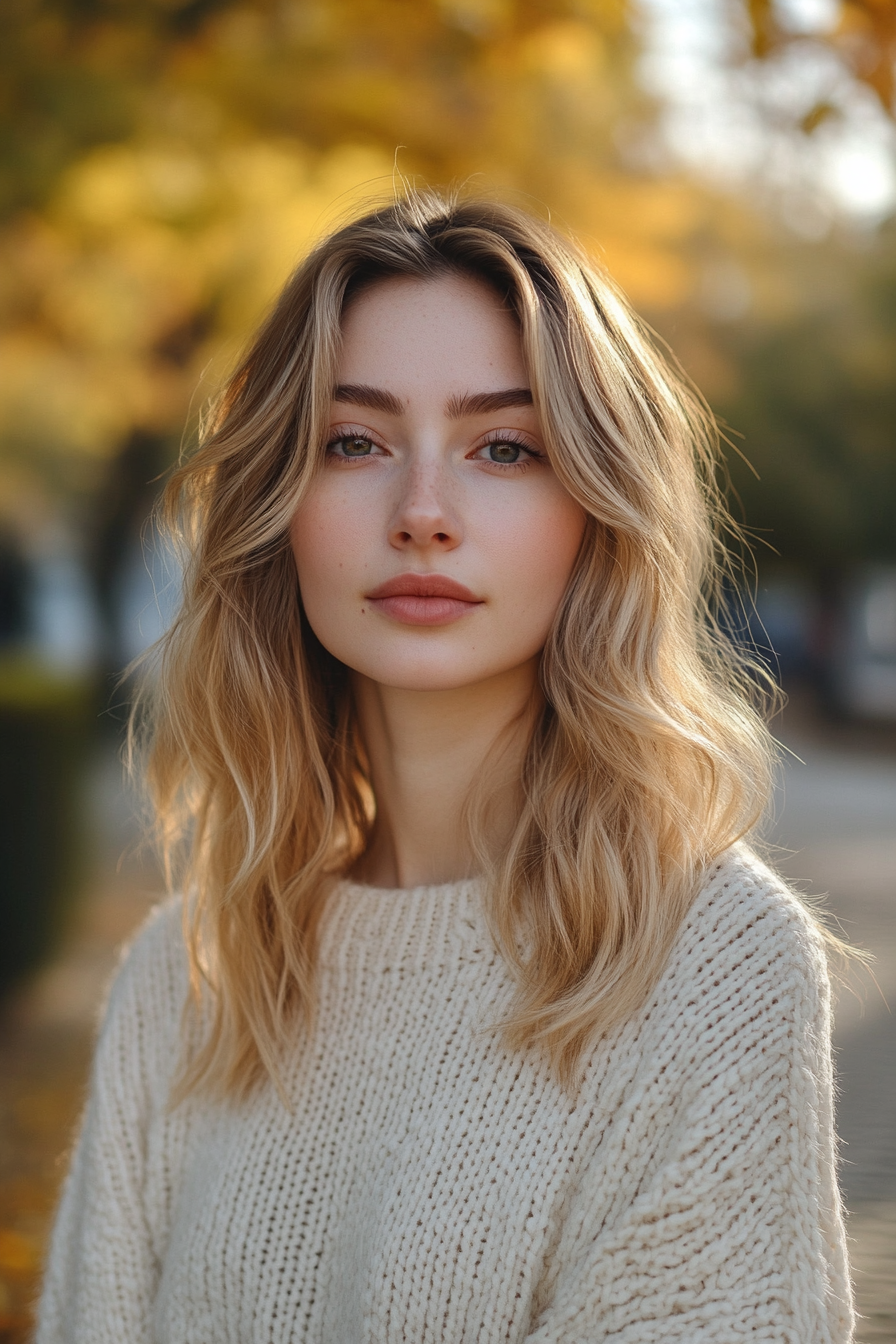 30 years old woman with Golden Waves, make a photosession in a park.