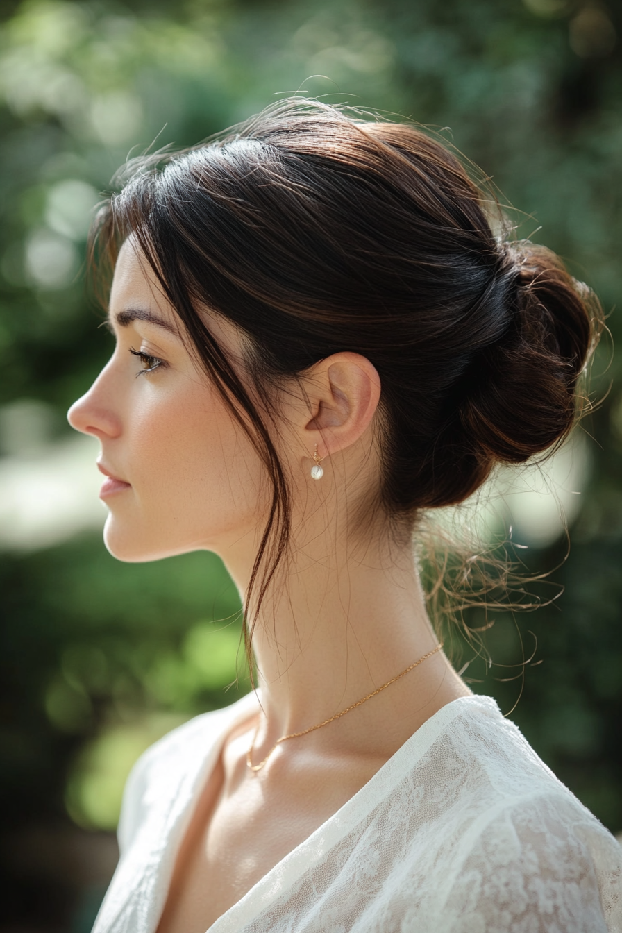 27 years old woman with a Chignon, make a photosession in a park.