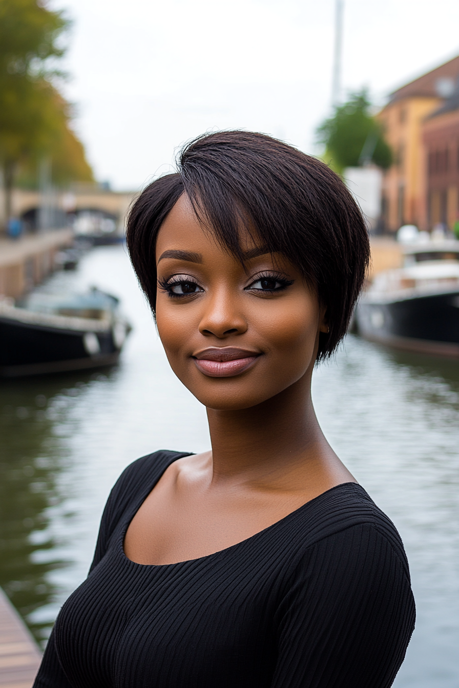 35 years old black woman with a Textured Pixie with Side-Swept Bangs, make a photosession in a street.