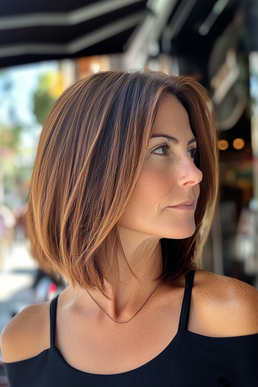 42 years old woman with a Long Bob, make a photosession in a cafe.