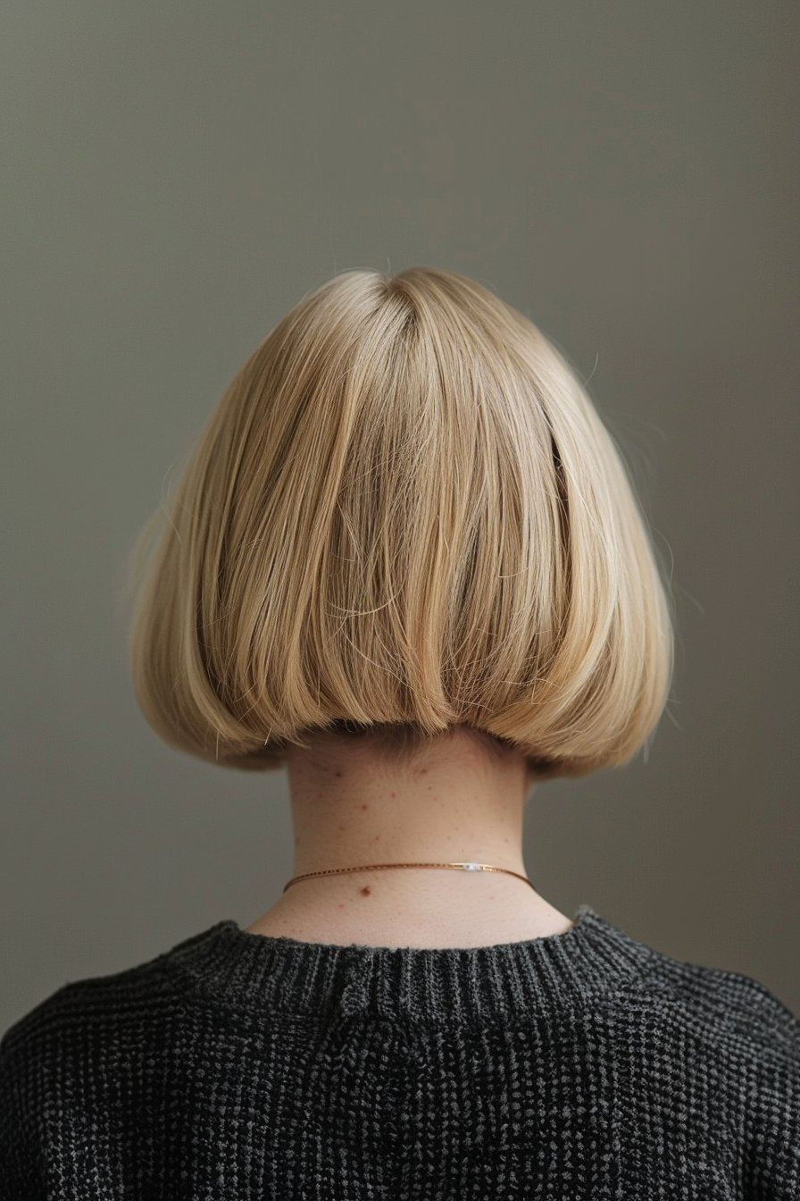 25 years old woman with a Blunt Bob Boldness, make a photosession in a studio.