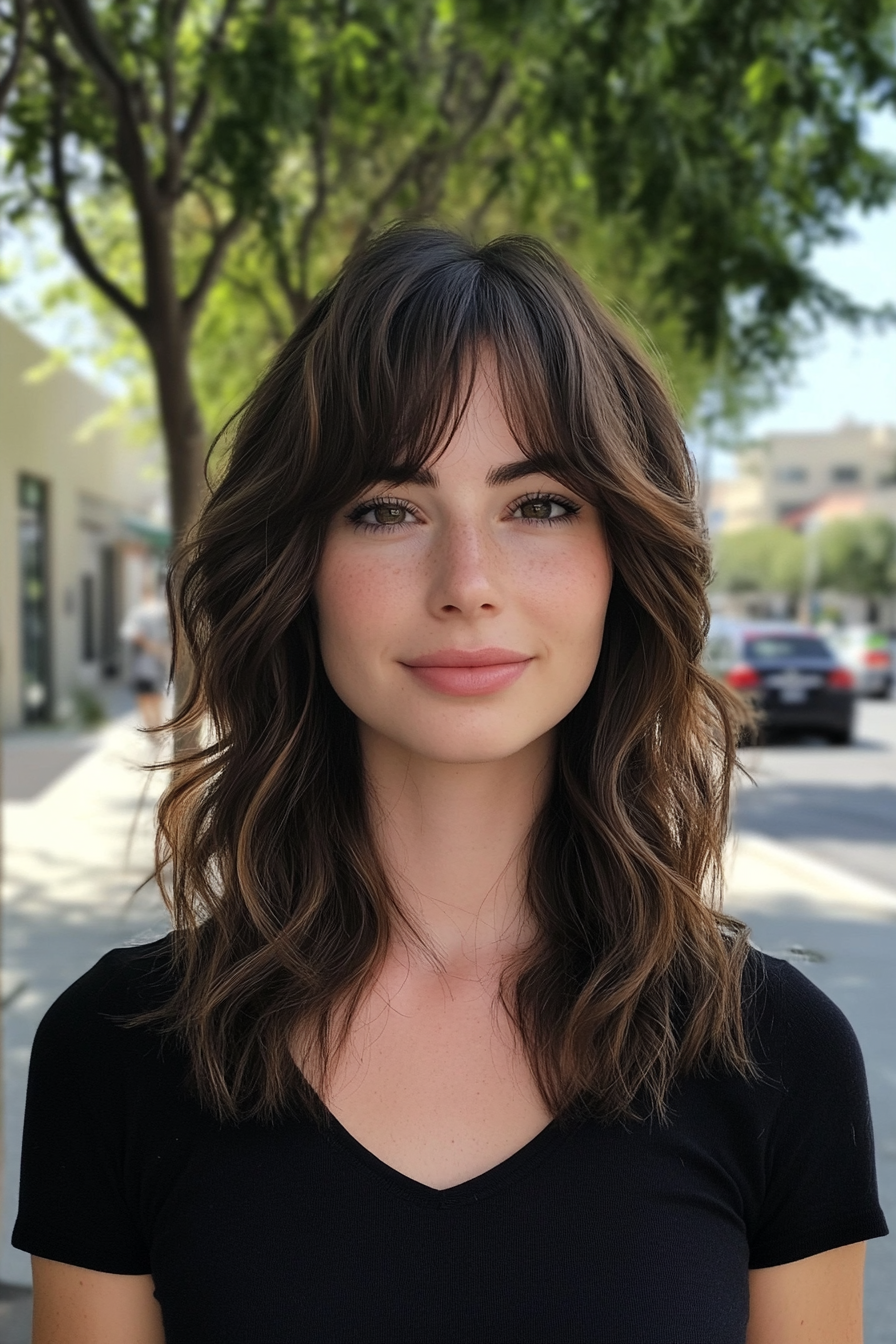 35 years old woman with a Tousled Layered Waves with Fringe, make a photosession in a street.