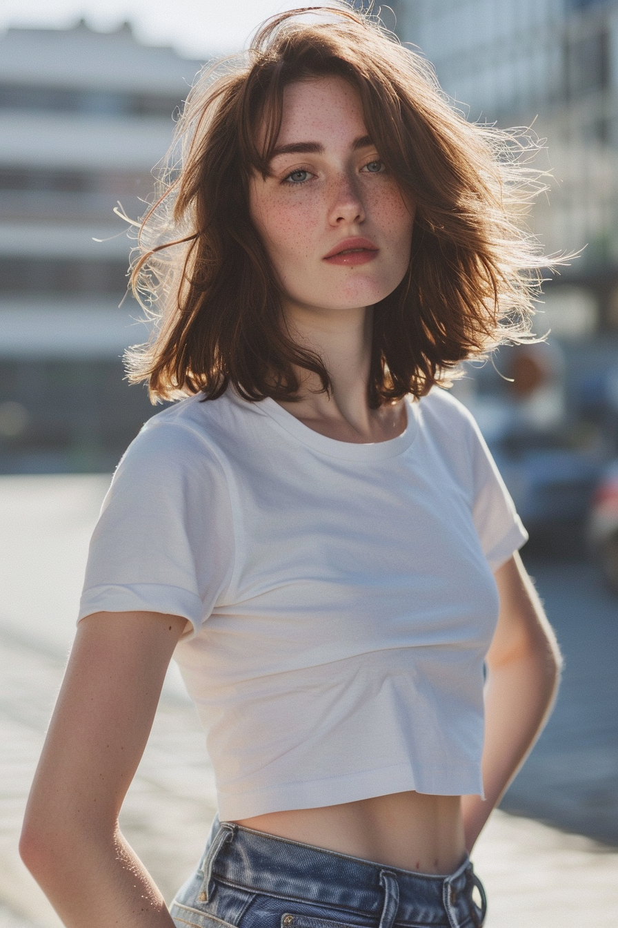 27 years old woman with a Shag for Thick Hair, make a photosession in a street.