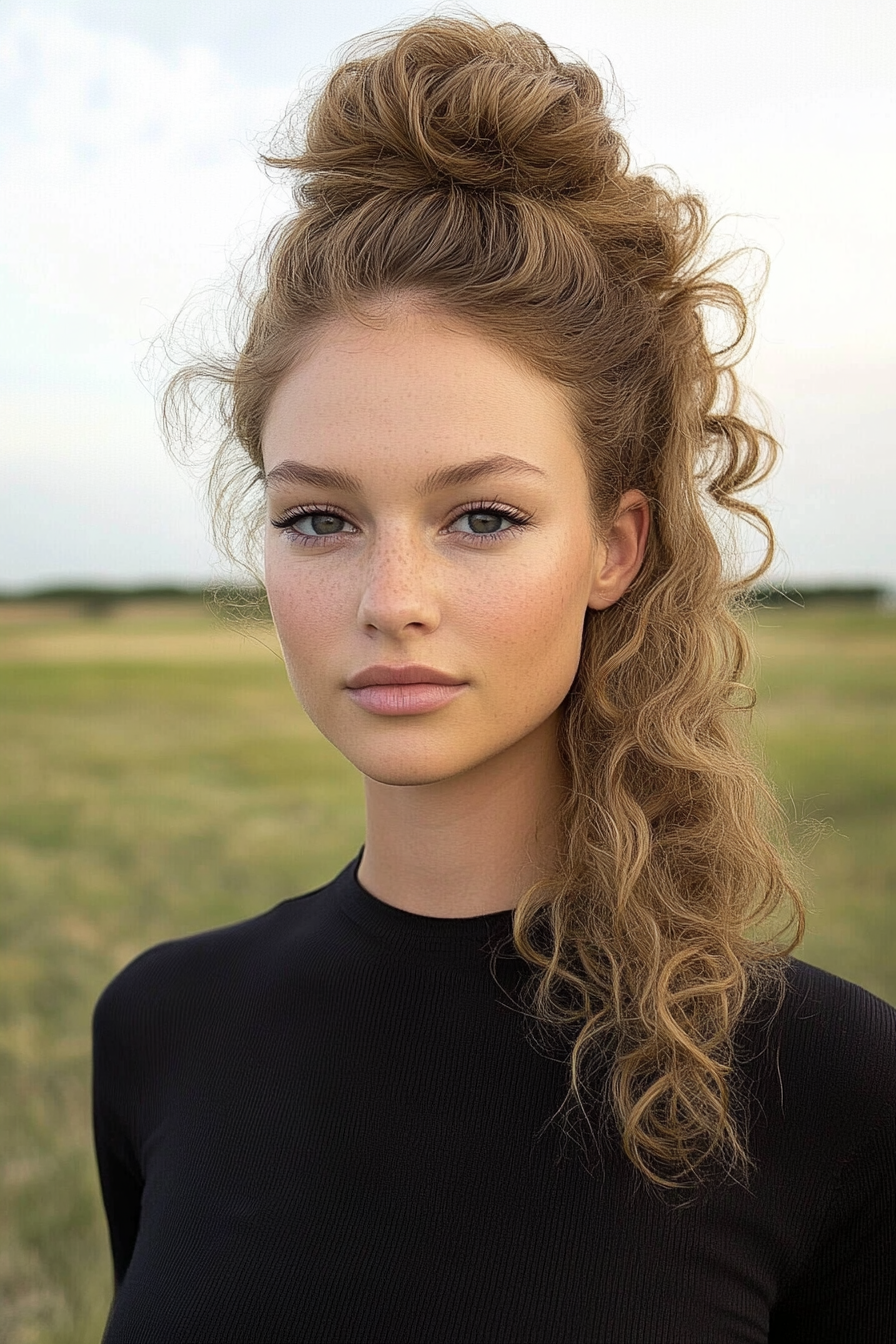 28 years old woman with a Textured High Ponytail, make a photosession in a plain open space with grass.