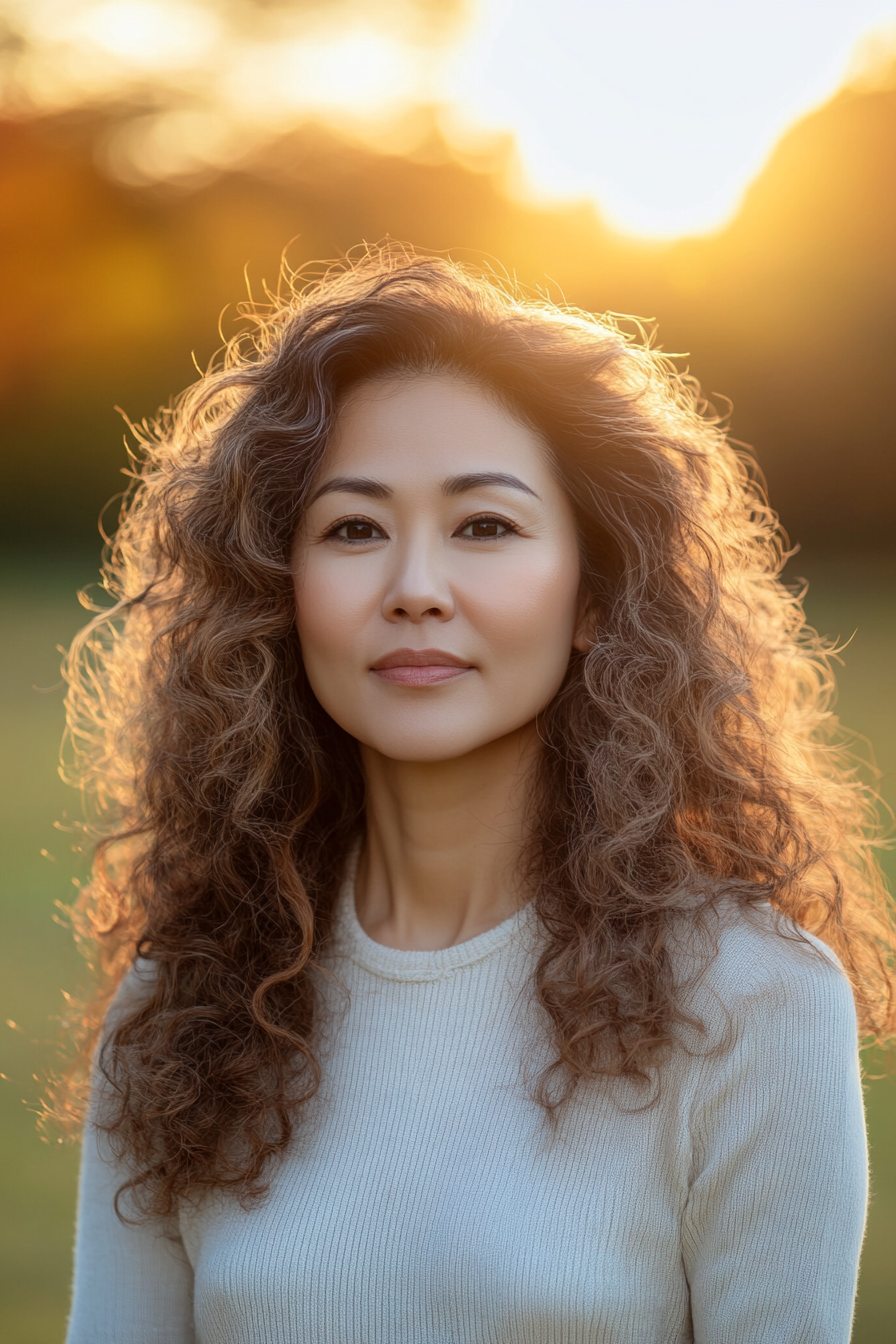 51 years old woman with a  Curly Ombre, make a photosession in a park.