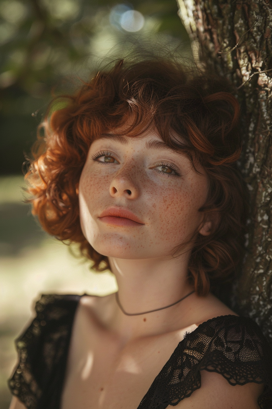 28 years old woman with a Curly Shaggy Pixie, make a photosession in a park.