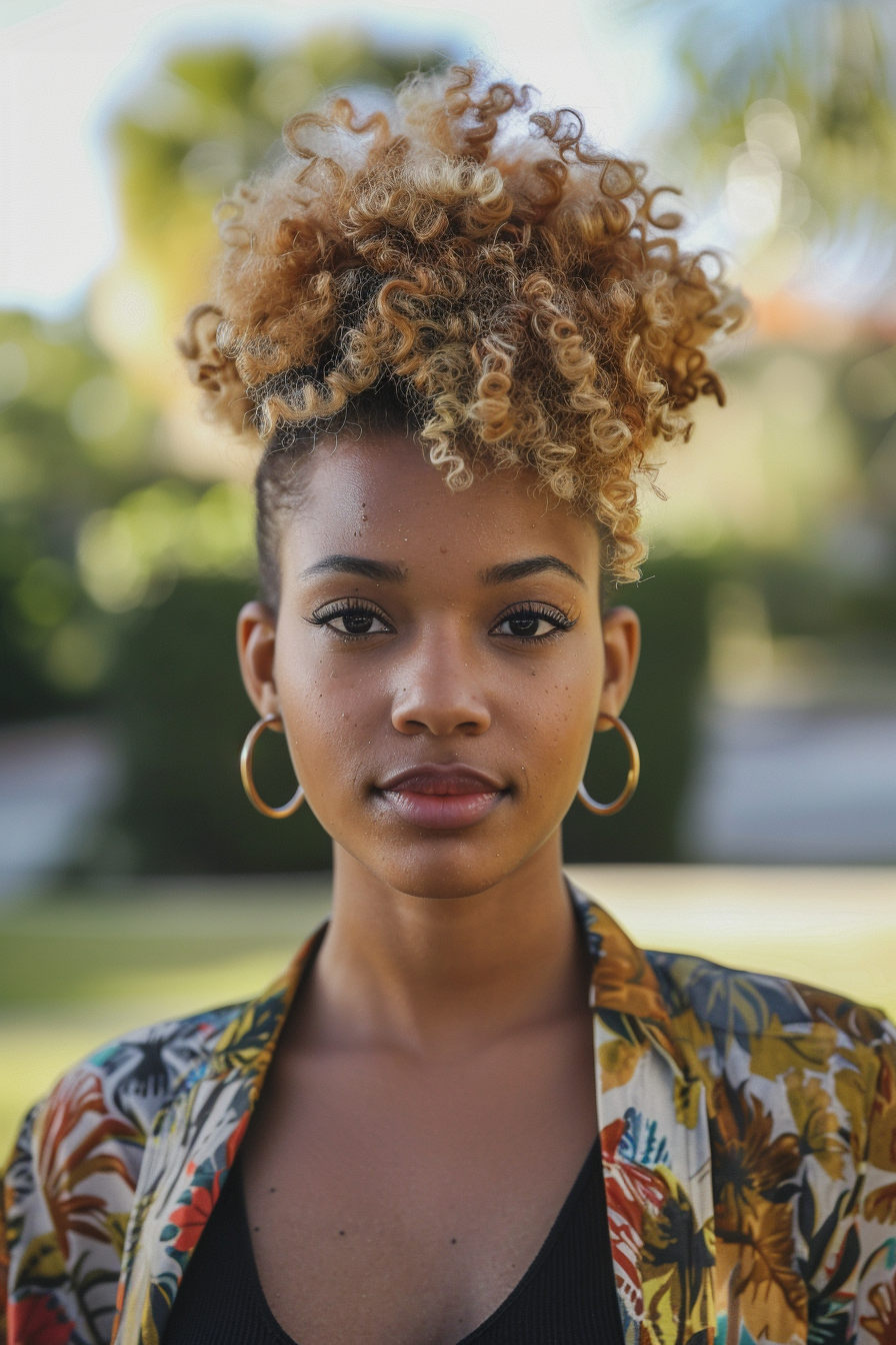 40 years old black woman, with Blonde Mohawk Curly Updo, make a photosession in a
park.