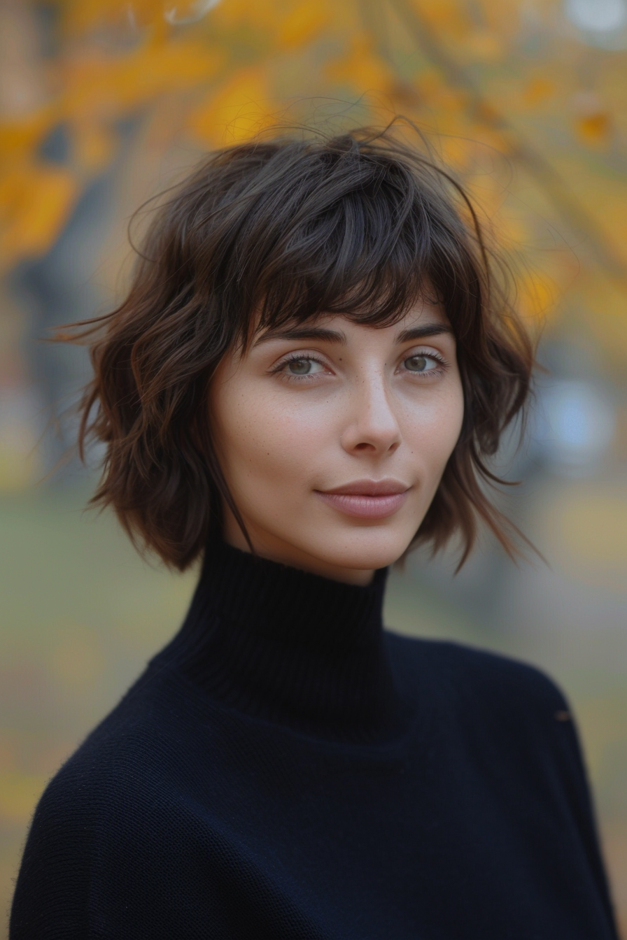 35years old woman with a Shaggy Bob, make a photosession in a park. 