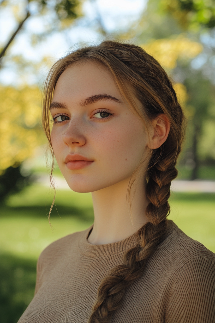 25 years old woman with a Braided Ponytail, make a photosession in a park.