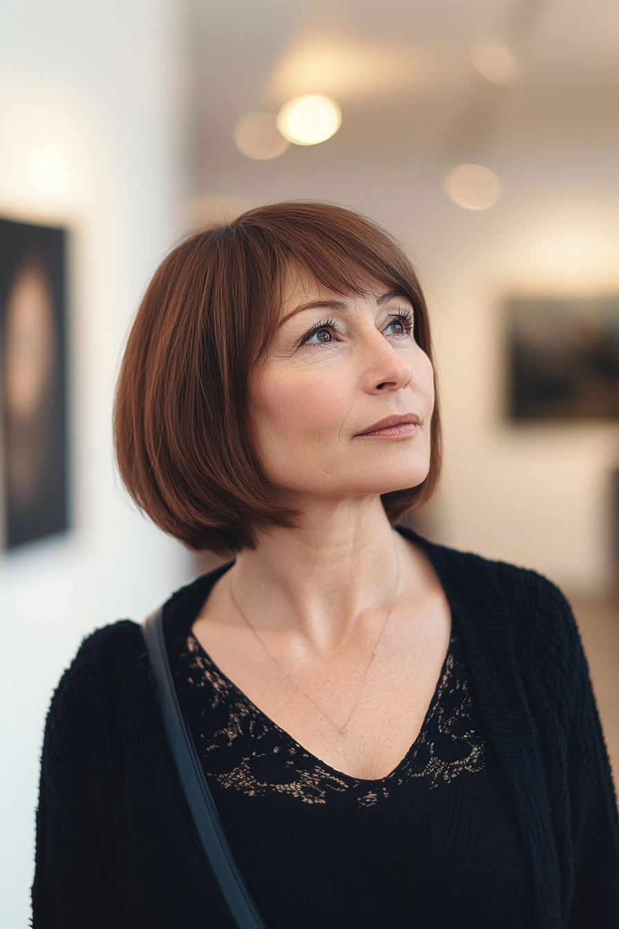 42 years old woman with a Blunt Cut Bob, make a photosession at the painting exhibition.