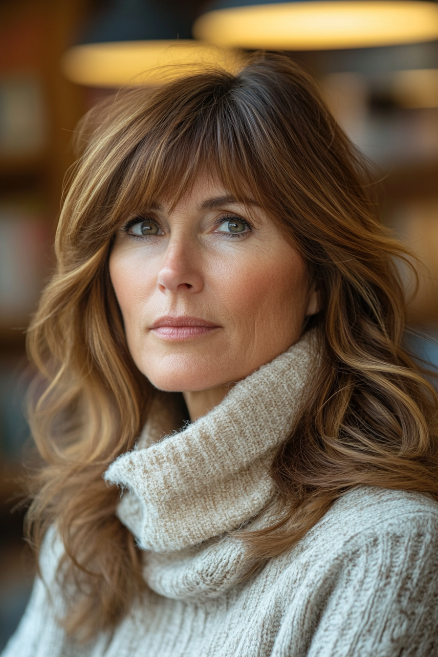 39 year old woman with Side-Parted Bangs and Long Layered Hair, make a photosession in a cafe.