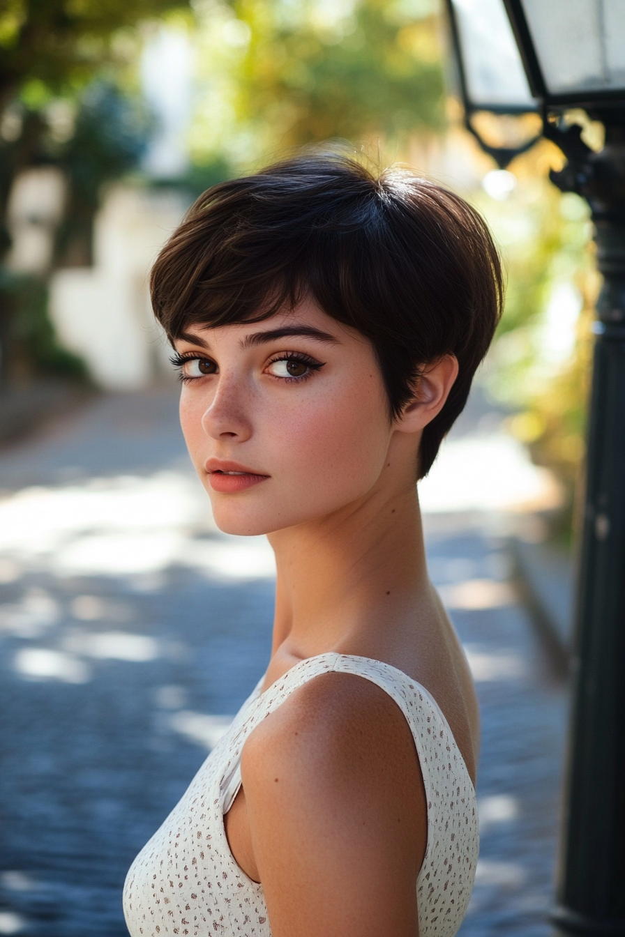 33 years old woman with a Classic Audrey Hepburn-Inspired Pixie, make a photosession in a charming courtyard with vintage lampposts and cobblestone paths.