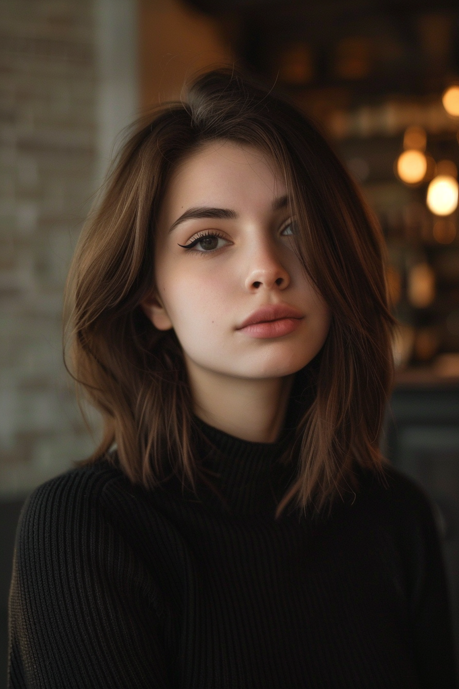 27 years old woman with a Chic Mid-Length Layers, make a photosession in a cafe.