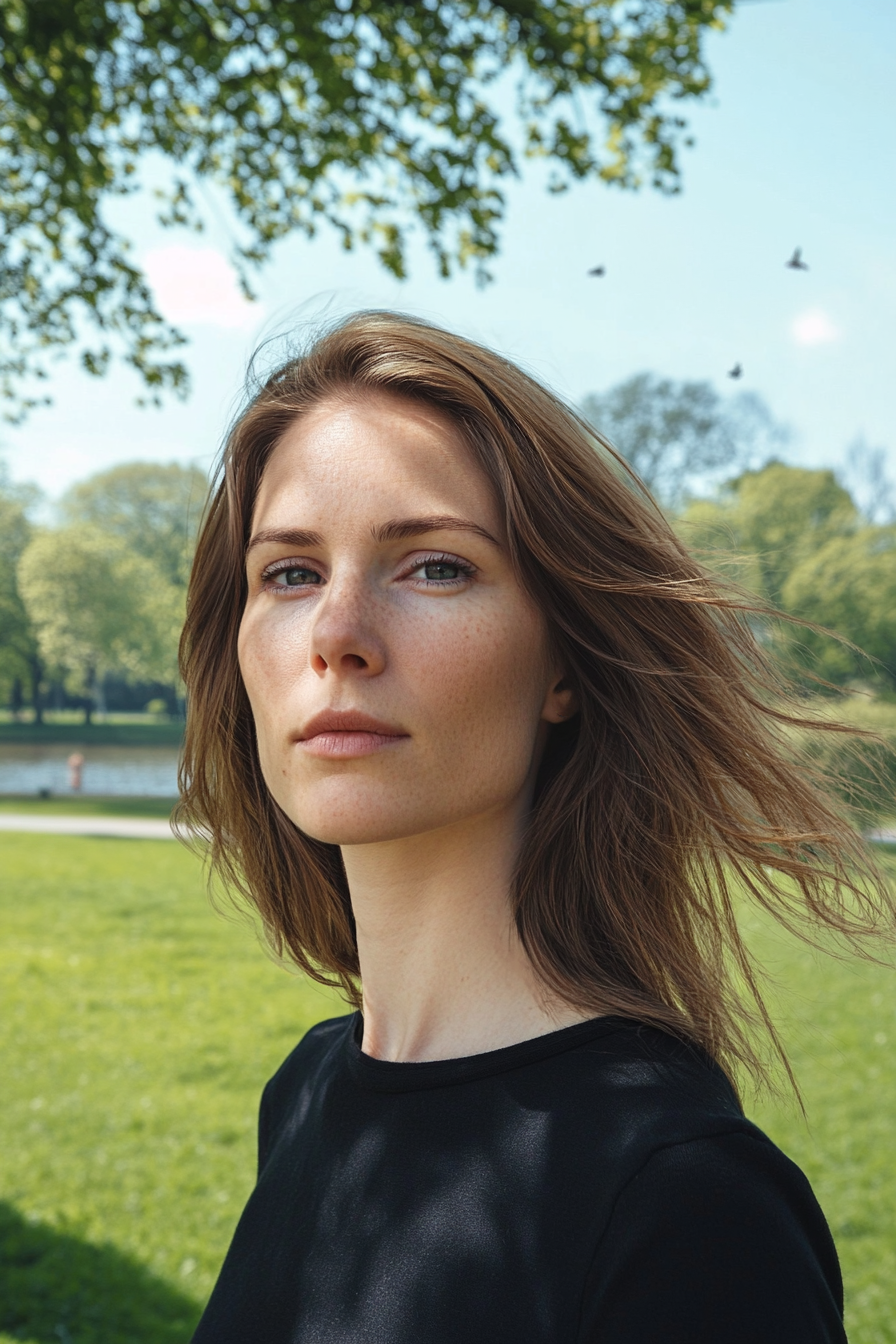 32 years old woman with a Mid-Length Maven hairstyle, make a photosession in a quiet park with green trees and a lake in the distance, a few birds flying by.
