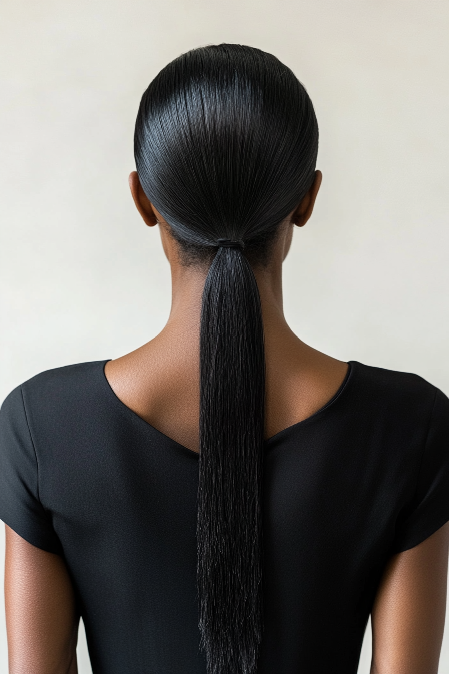 27 years old woman with a Sleek Ponytail, make a photosession in a studio.