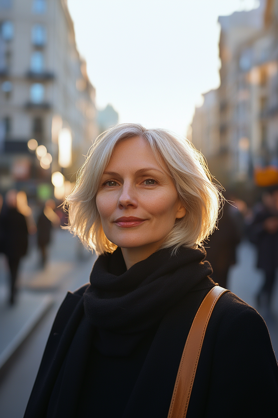 42 years old woman with a Chin Bob , make a photosession in a street.