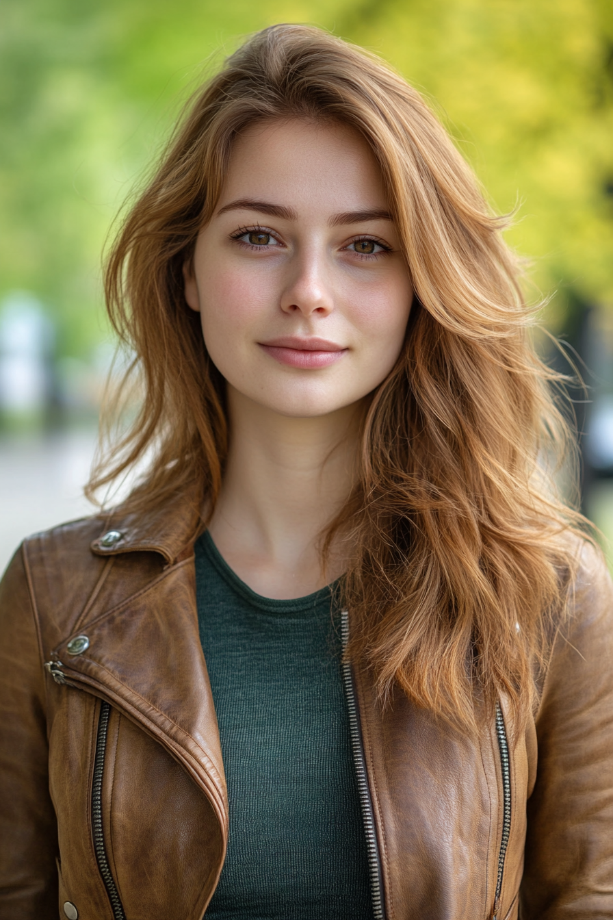 33 years old woman with Textured Layers for a Modern Look, make a photosession in a park.