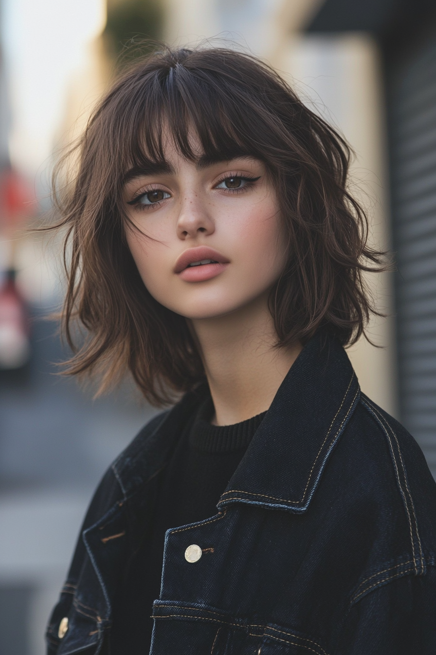 28 years old woman with a Shag with Micro Bangs, make a photosession in a street.