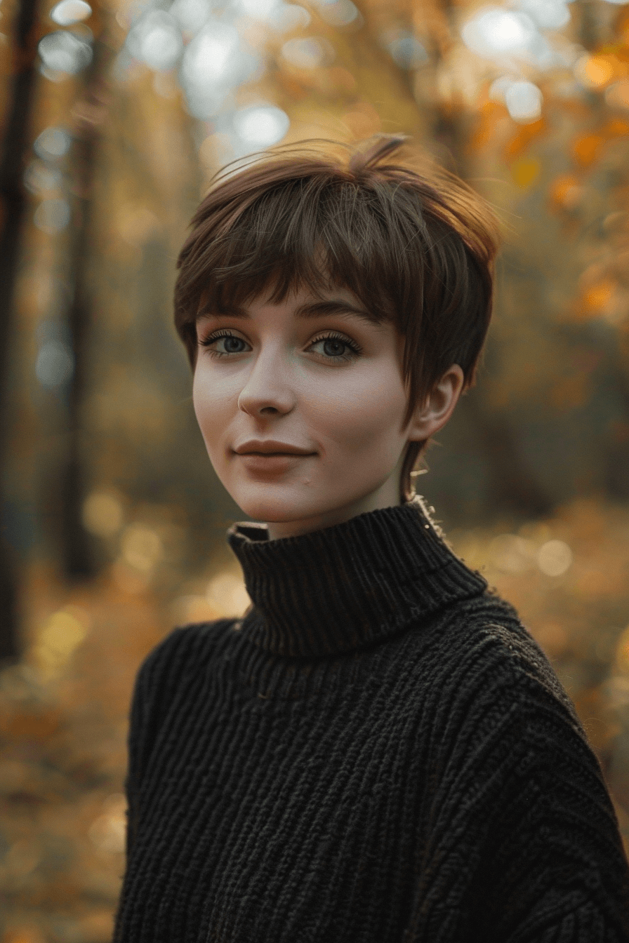 d35years old woman with a Long Pixie, make a photosession in a park.