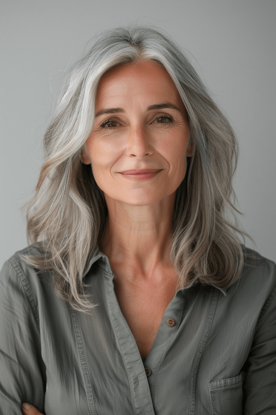 woman over 50 with a Layered Cut hairstyle of long hair, make a photosession in a studio.