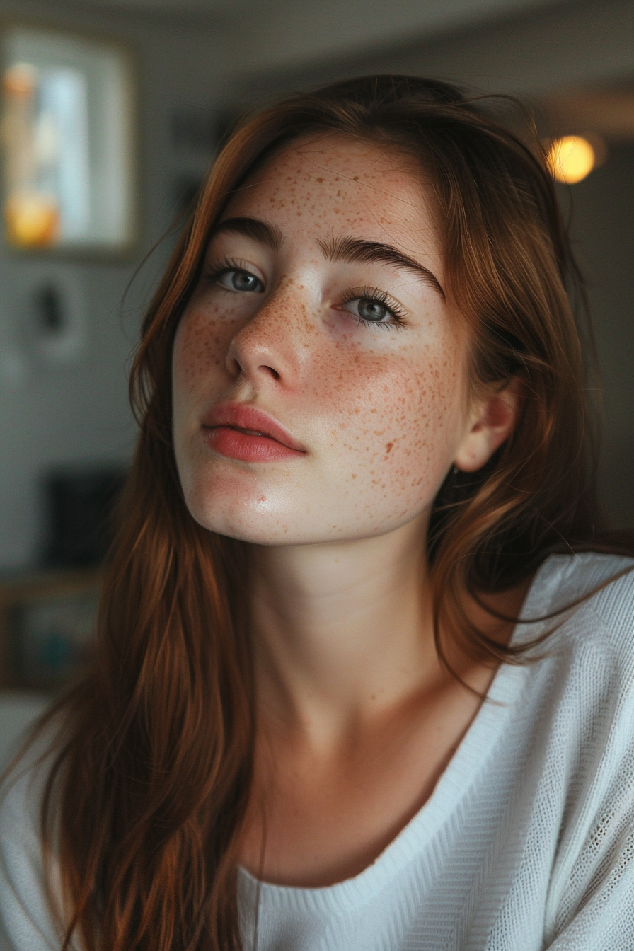 25 years old woman with a Side Part Switch, make a photosession in a room.