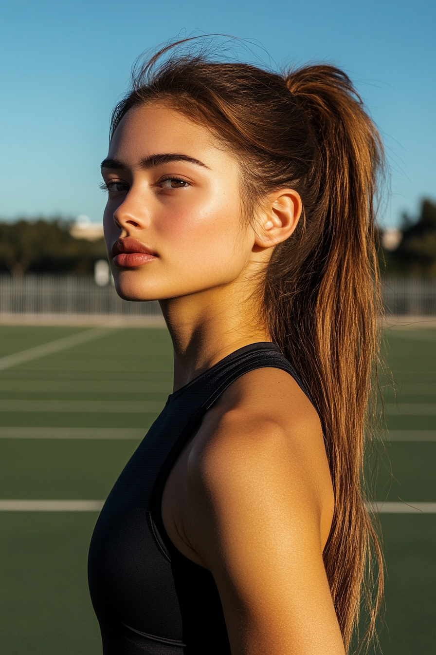 27 years old woman with a Classic Ponytail, make a photosession in a clean sports field with running tracks.