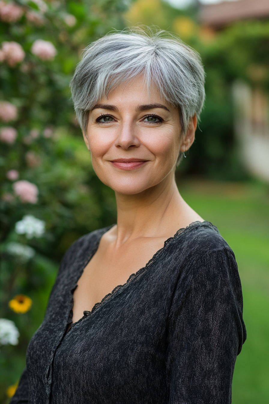 61 years old woman with a Grey Pixie Cut with Fringe, make a photosession in a backyard.