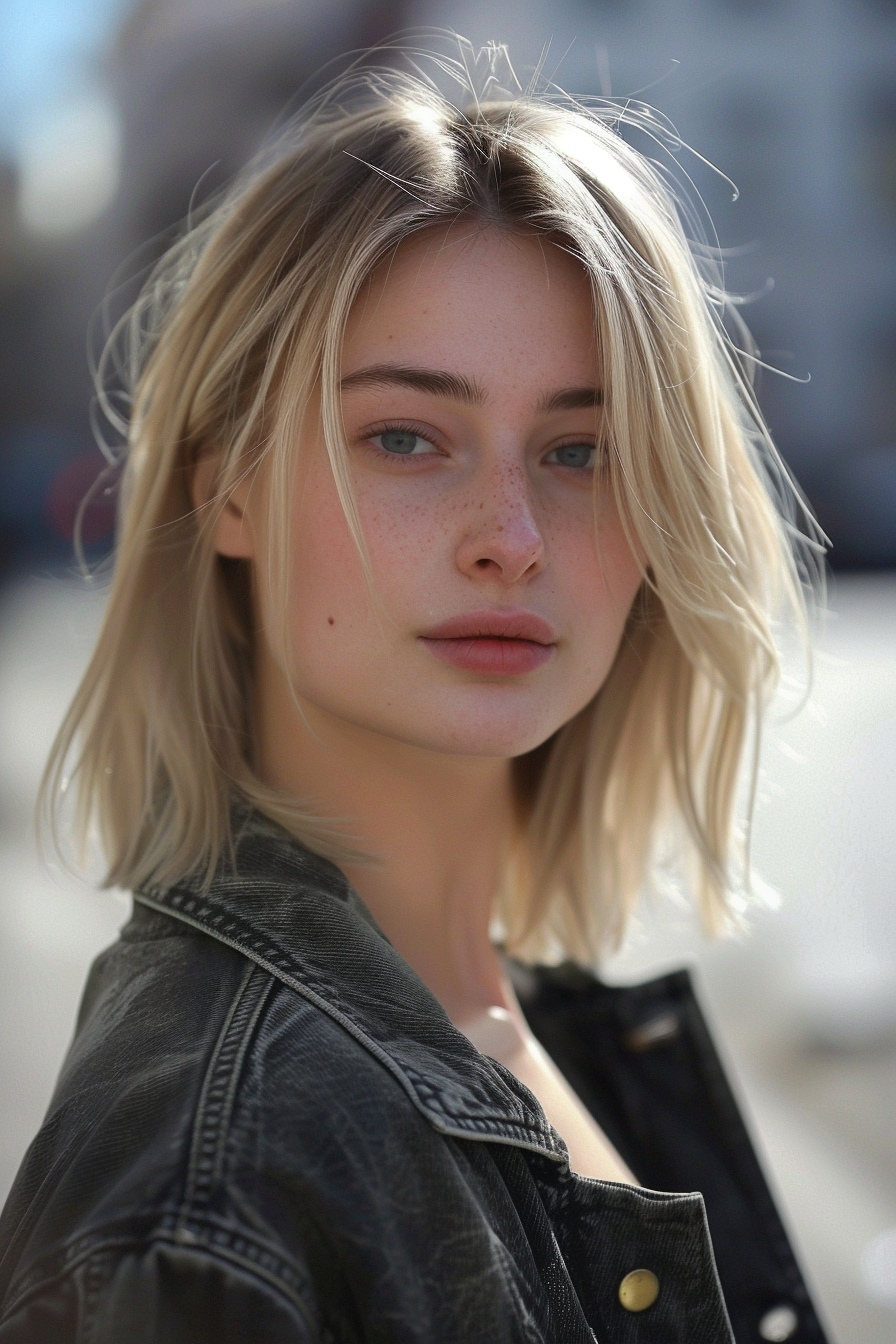 24 years old woman with a Layered Shag Cut, make a photosession in a street.