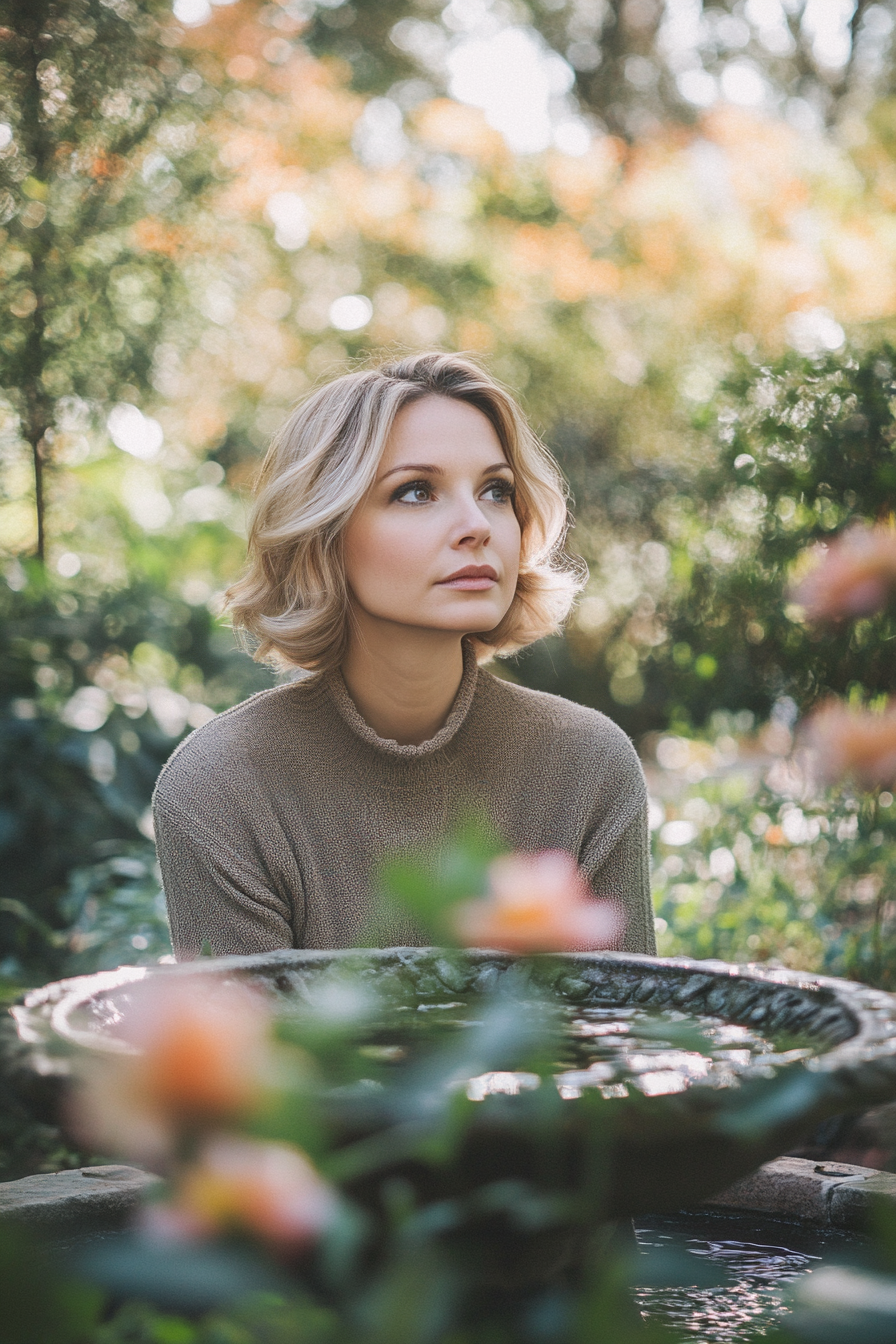 33 years old woman with a Blunt Chin Length Haircut, make a photosession in a backyard.