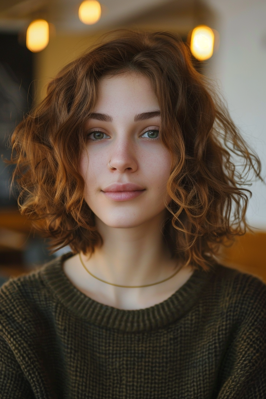 27 years old woman with a Curly Shoulder-Length Cuts, make a photosession in a cafe