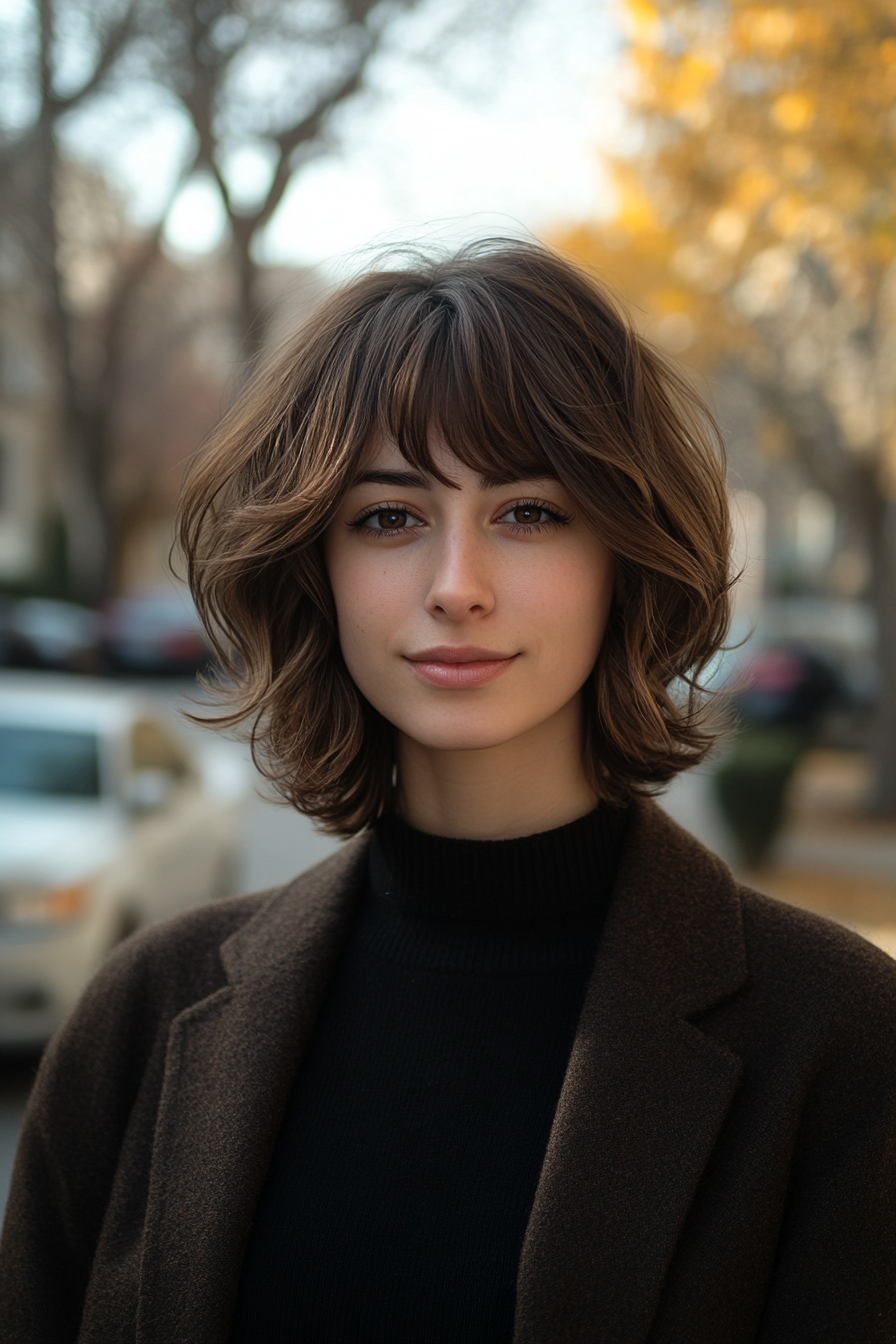 28 years old woman with a Layered Bob, make a photosession on a simple neighborhood street lined with trees and a few parked cars.