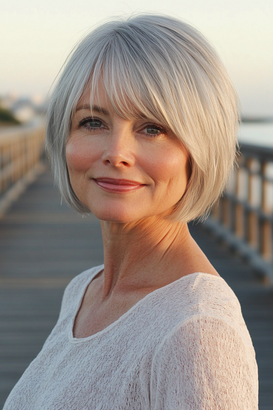 47 years old woman with a Beachy Bob, make a photosession in a quiet seaside boardwalk, early morning.