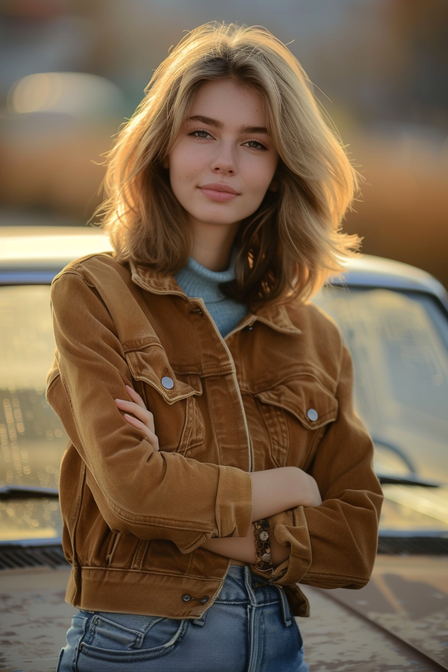 26 years old woman with a Classic 70s Shag, make a photosession about the car.