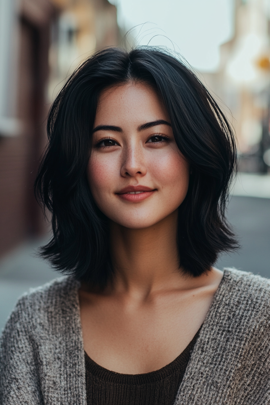 36 years old woman with a  Choppy Bob with Face-Framing Layers, make a photosession in a park.