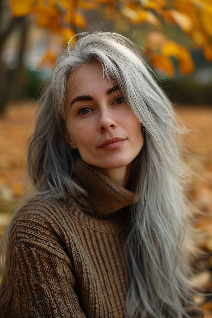 40 years old woman with a Long Salt and Pepper Hair, make a photosession in a fall park.