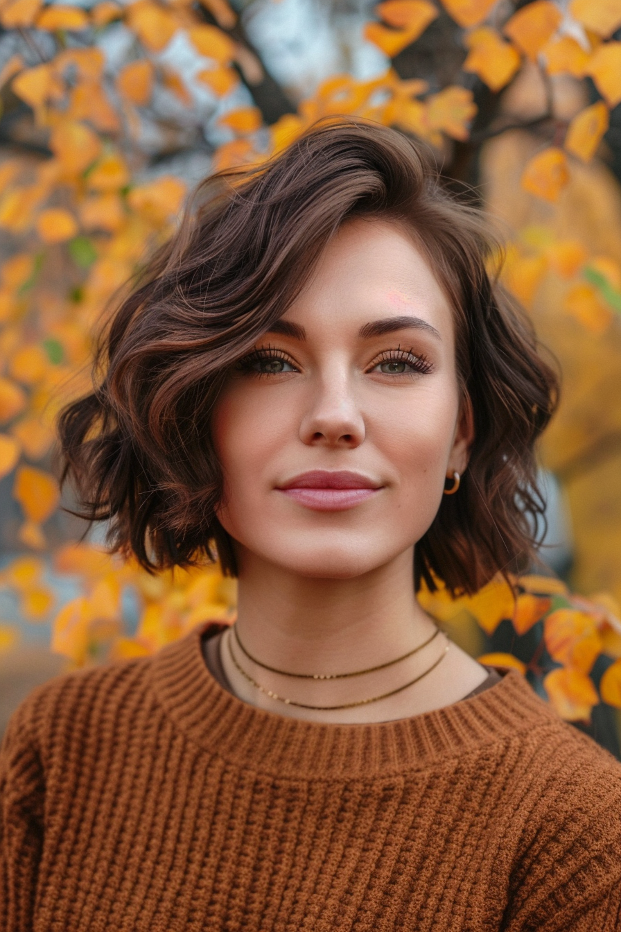 29 years old woman with a Mid-Length Layered Haircut, make a photosession in a park