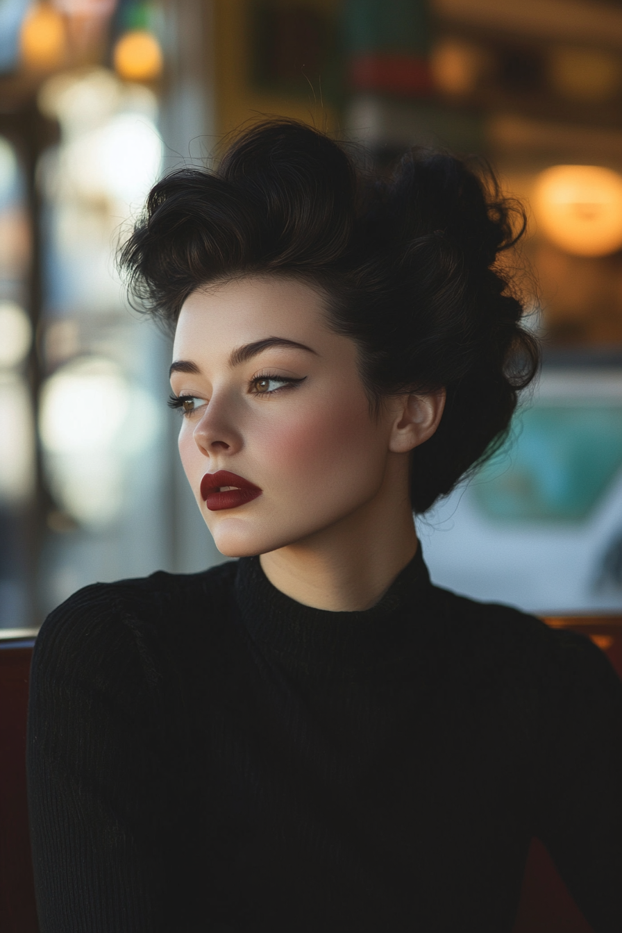 30 years old woman with a Pompadour, make a photosession in a cafe.