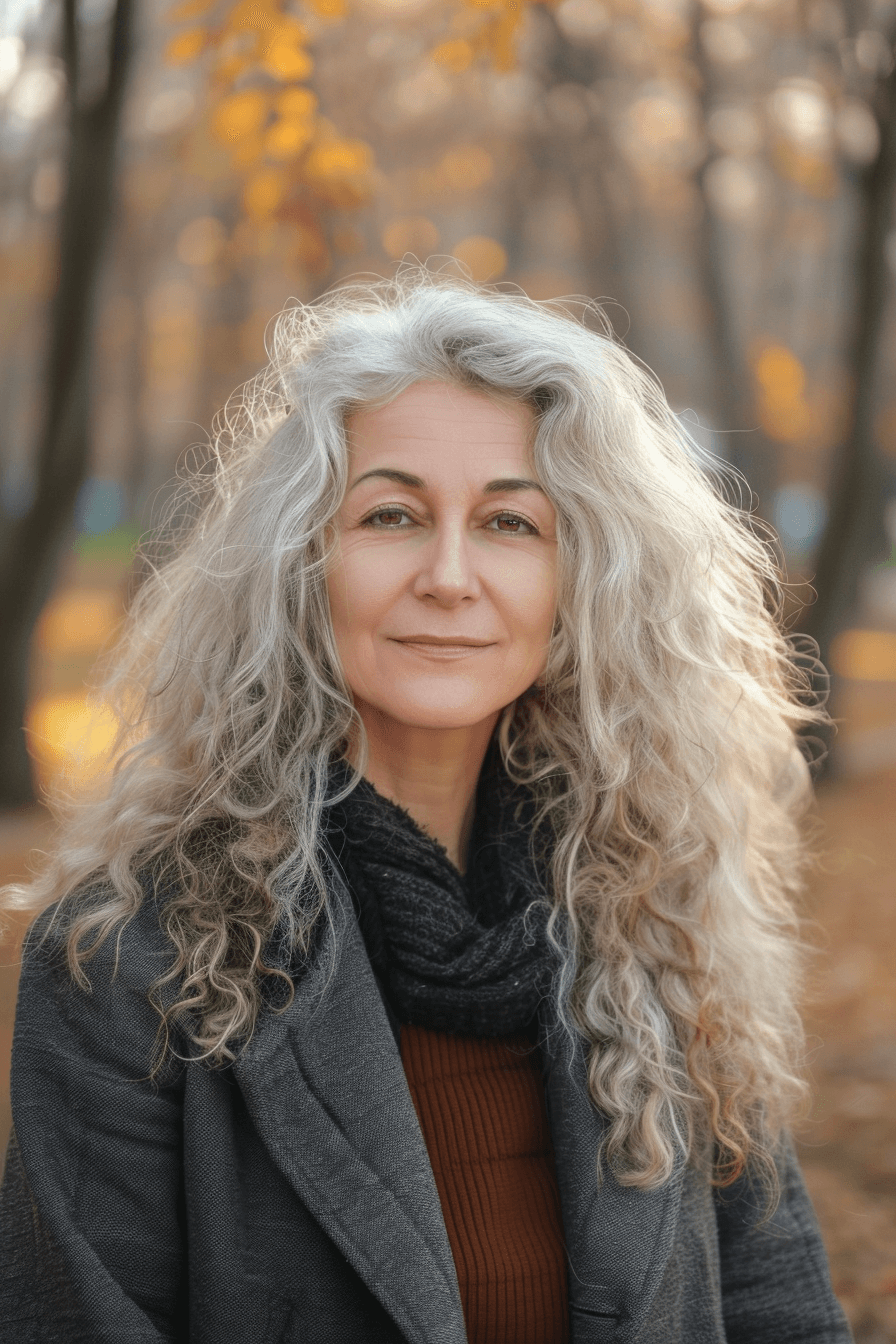 woman over 50 with a Messy Curls hairstyle of long hair, make a photosession in a park.