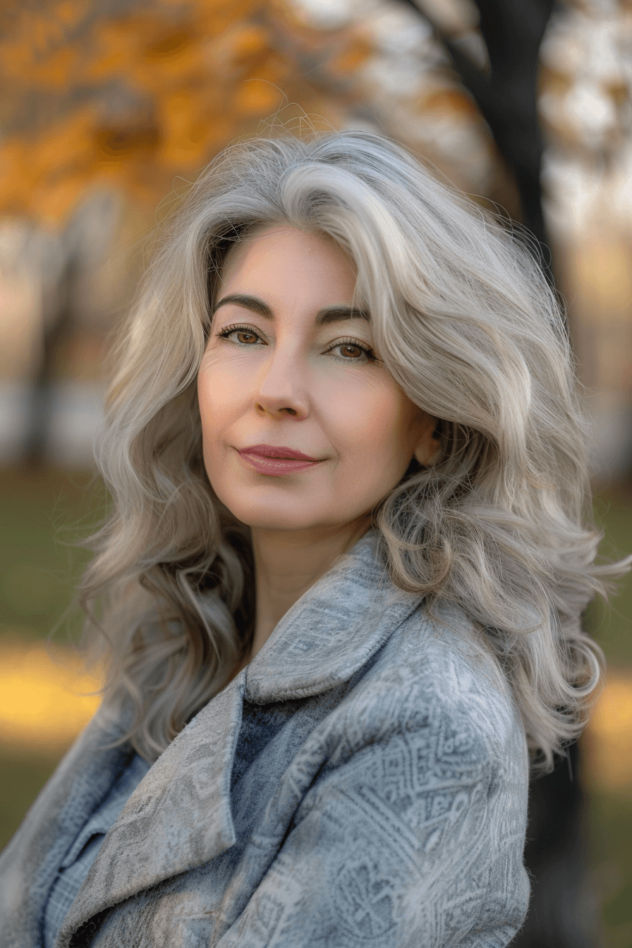 woman over 50 with a Blowdried Curls hairstyle of long hair, make a photosession in a park.