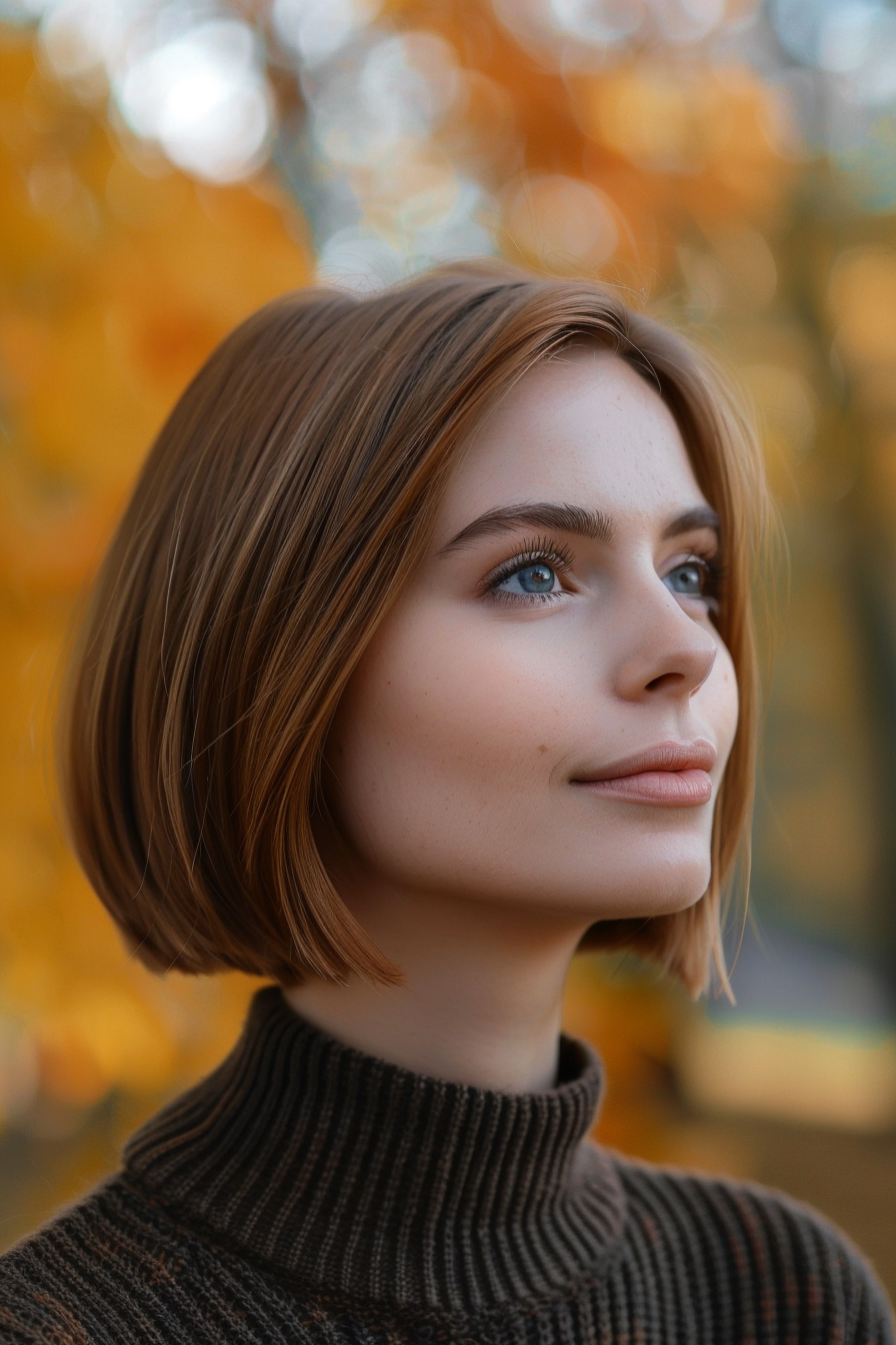 25 years old woman with a Sleek Bob for Fine Hair, make a photosession in a park