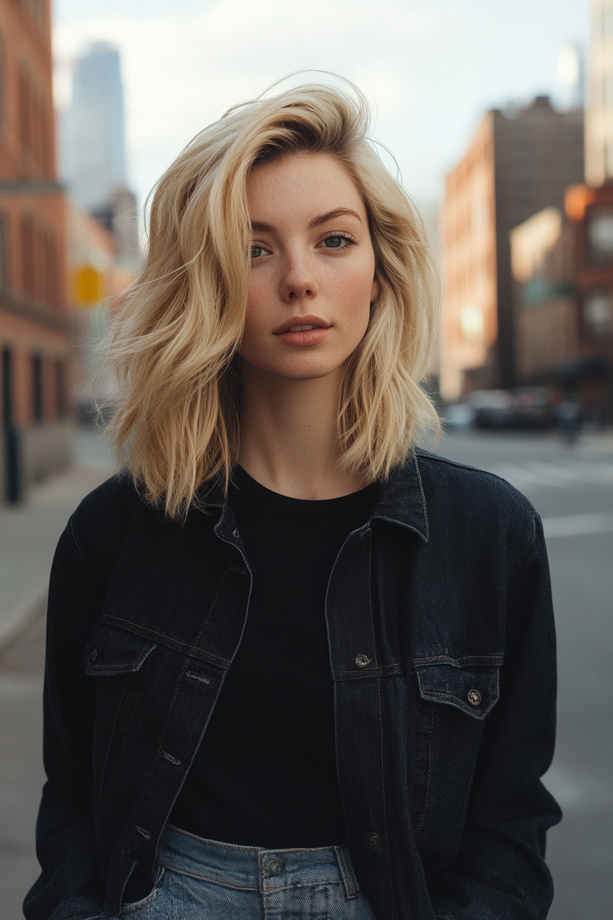 28 years old woman with a Inverted Layered Blonde Lob, make a photosession in a street.