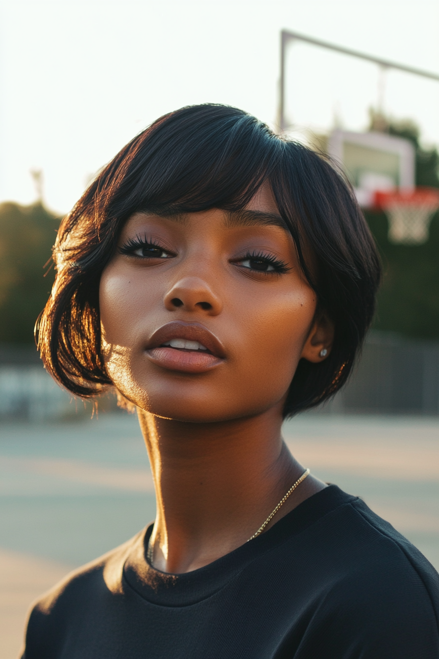 28 years old woman with a Side-Swept Bangs with Layers, make a photosession at the basketball court.