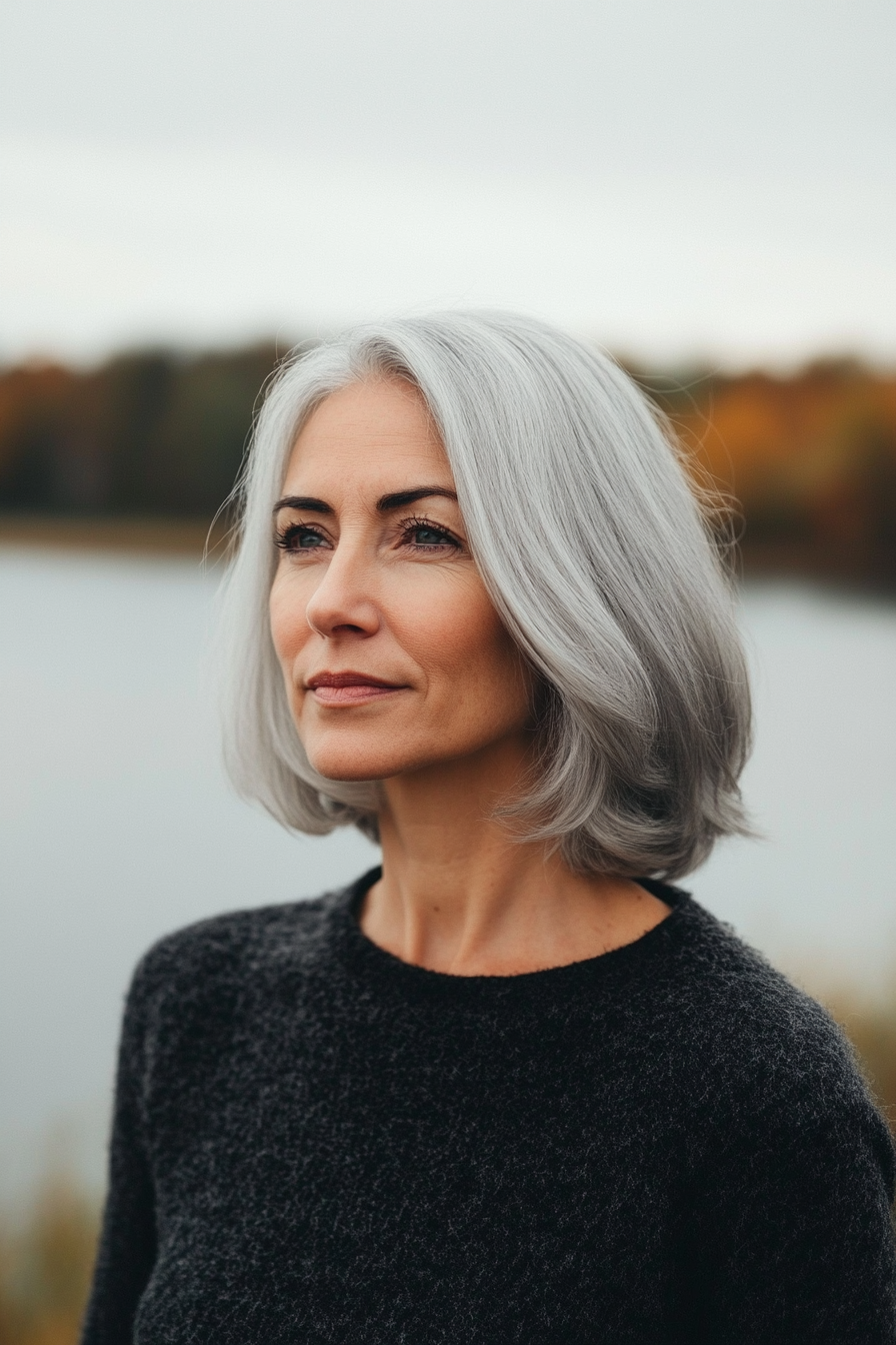 63 years old woman with a Shoulder Length Bob for Thin Hair, make a photosession near the lake.