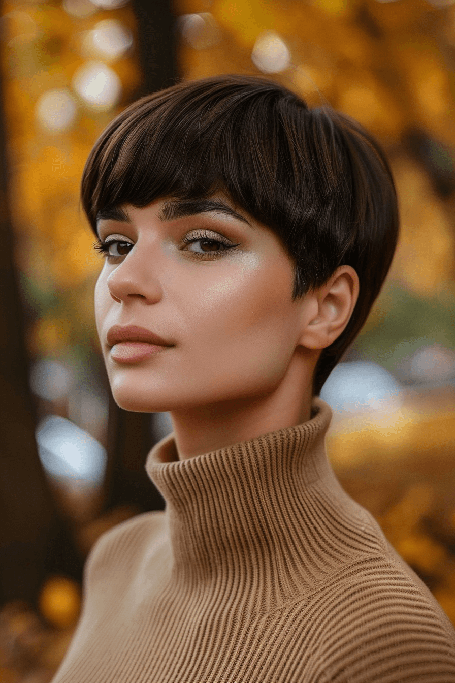 27 years old woman with a Classic Bowl Cut, make a photosession in a fall park.