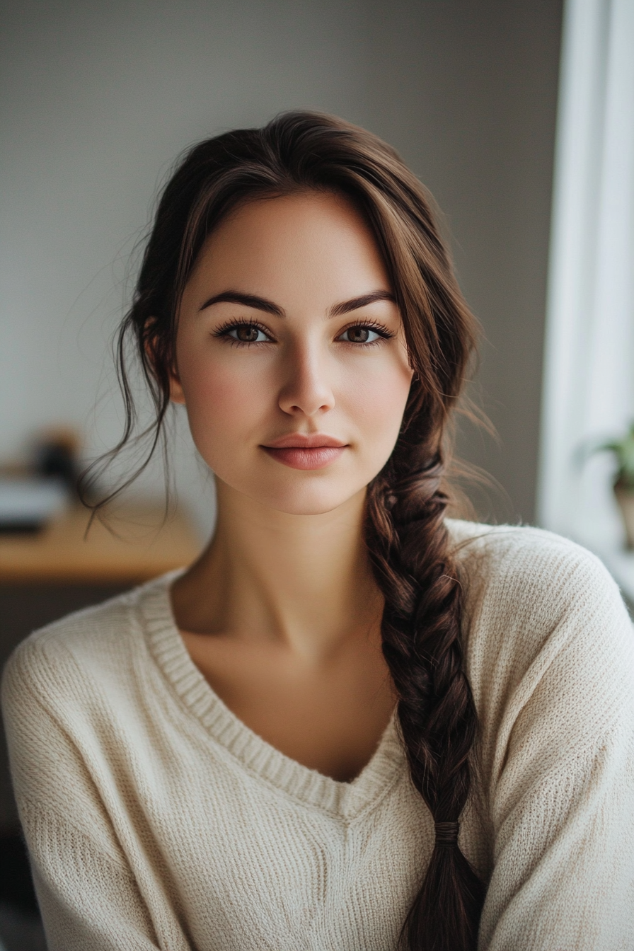 28 years old woman with a French Braid, make a photosession in a casual morning room.